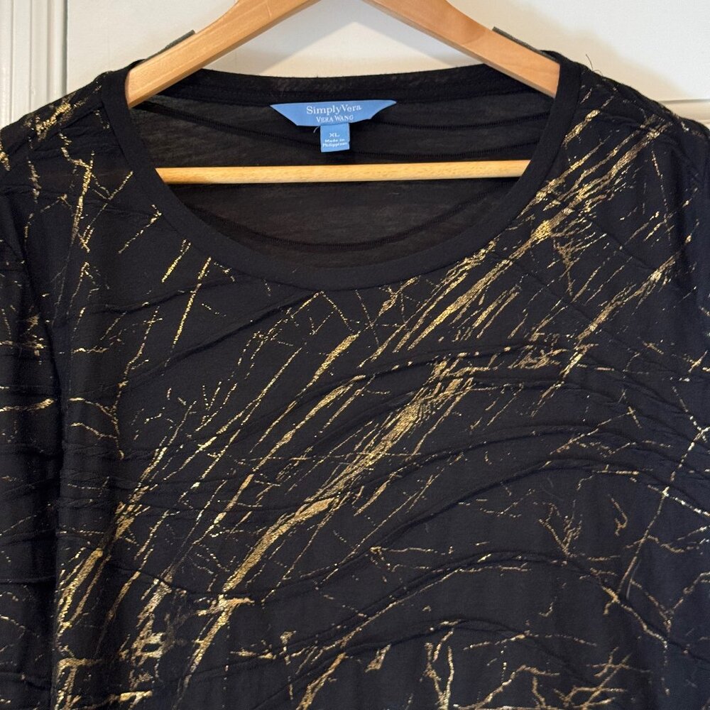 Womens XL Vera Wang Long Sleeved Black/Gold Foil Semi Sheer Windy Tee Blouse Top
